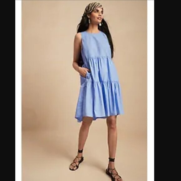 Banana Republic Blue Cotton Poplin Tiered Mini Dress Size XSP - Picture 2 of 4